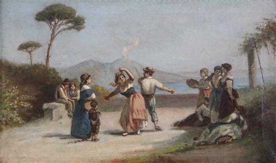 Late 19th century Neapolitan School Figures dancing and fisherfolk overlooking the Bay of Naples 9 x 15in.